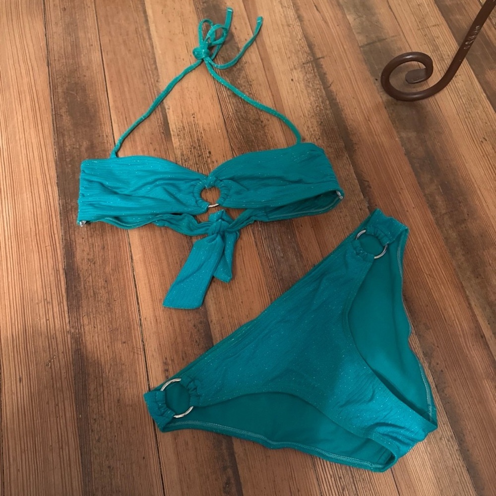 Joe Boxer Green Bikini Set M Top L Bottom Halter Ring Two-Piece